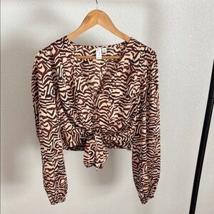 Joie Cream and Brown Puff Sleeve Crop Blouse